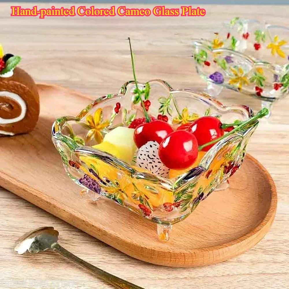Hand-painted Colored Cameo Glass Plate - Elegant Trinket Dish for Snacks, Fruits & Dessert Display