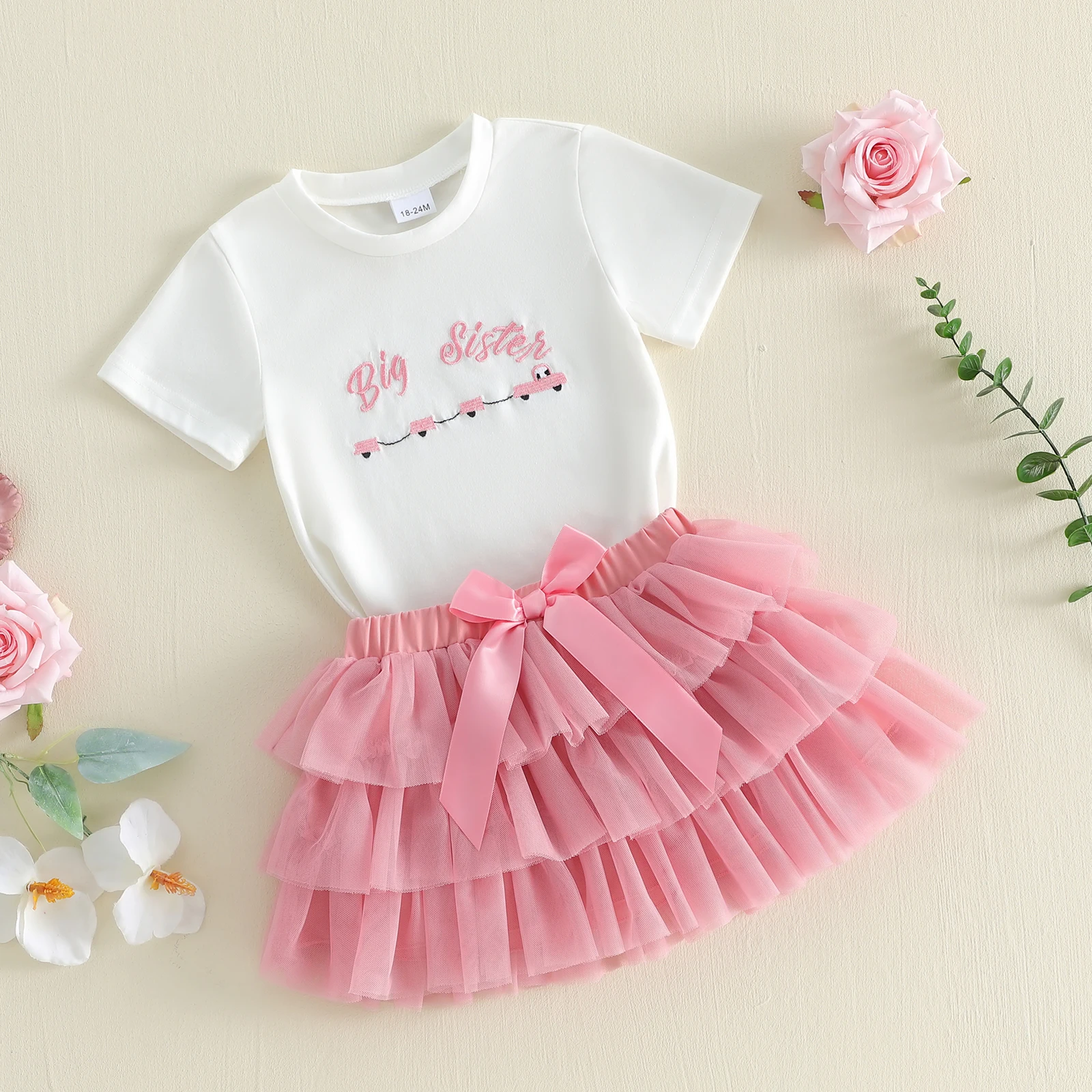1-6Y Toddler Girls Outfit Summer Short Sleeve Crew Neck Letters Train Embroidery t Shirt Tops Layered Tulle Skirt Set 2Pcs