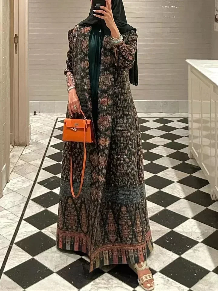 YUDX Miyake Pleated Collar Long Sleeved Retro Printed Dress Belt Women Dubai Designer Original Fashion Loose Coat 2024 SpringNew