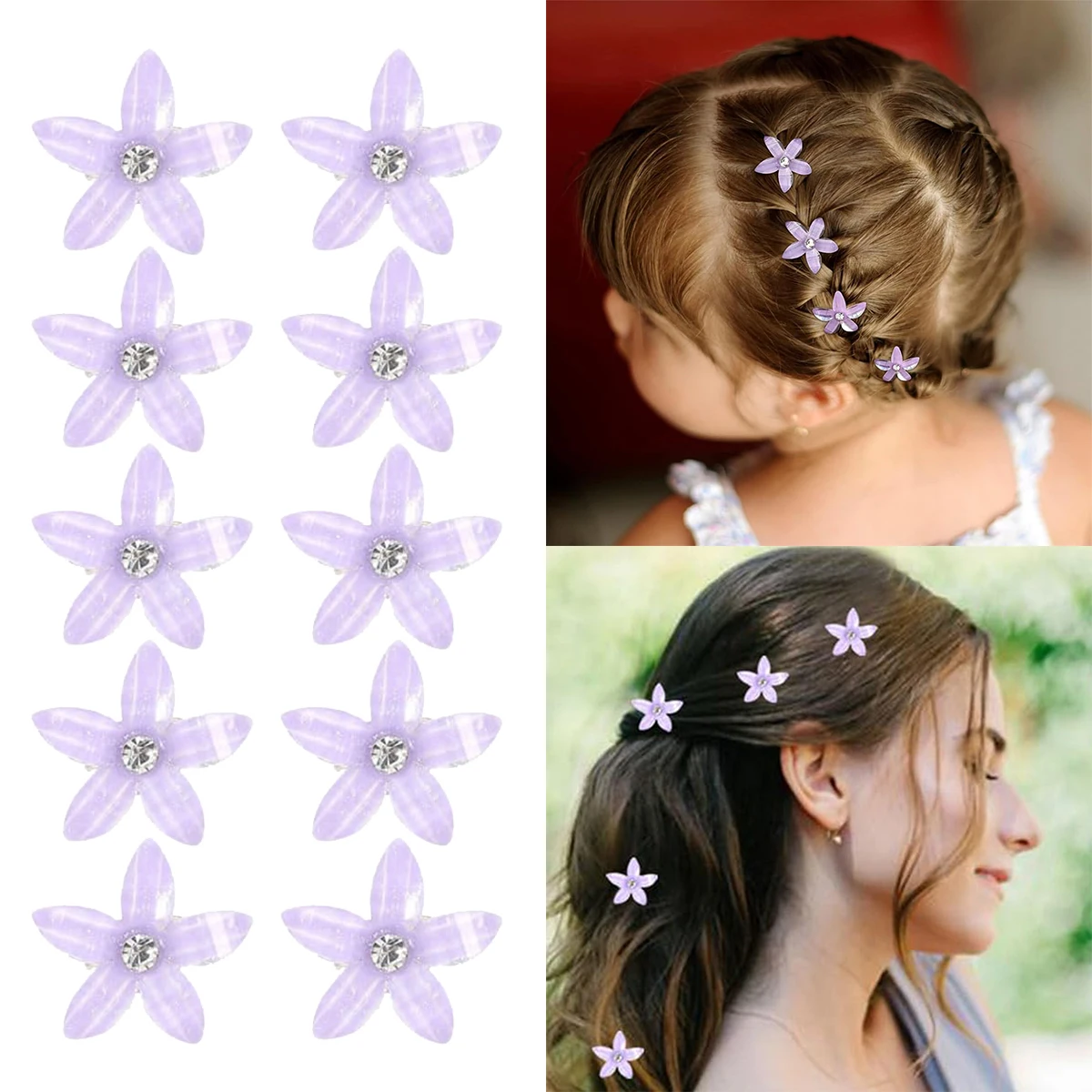 10pcs Purple Metal Rhinestone Hairpin Women Girls Decorative Hair Accessories Resin Flower Girls Braid Hairpin Accessories