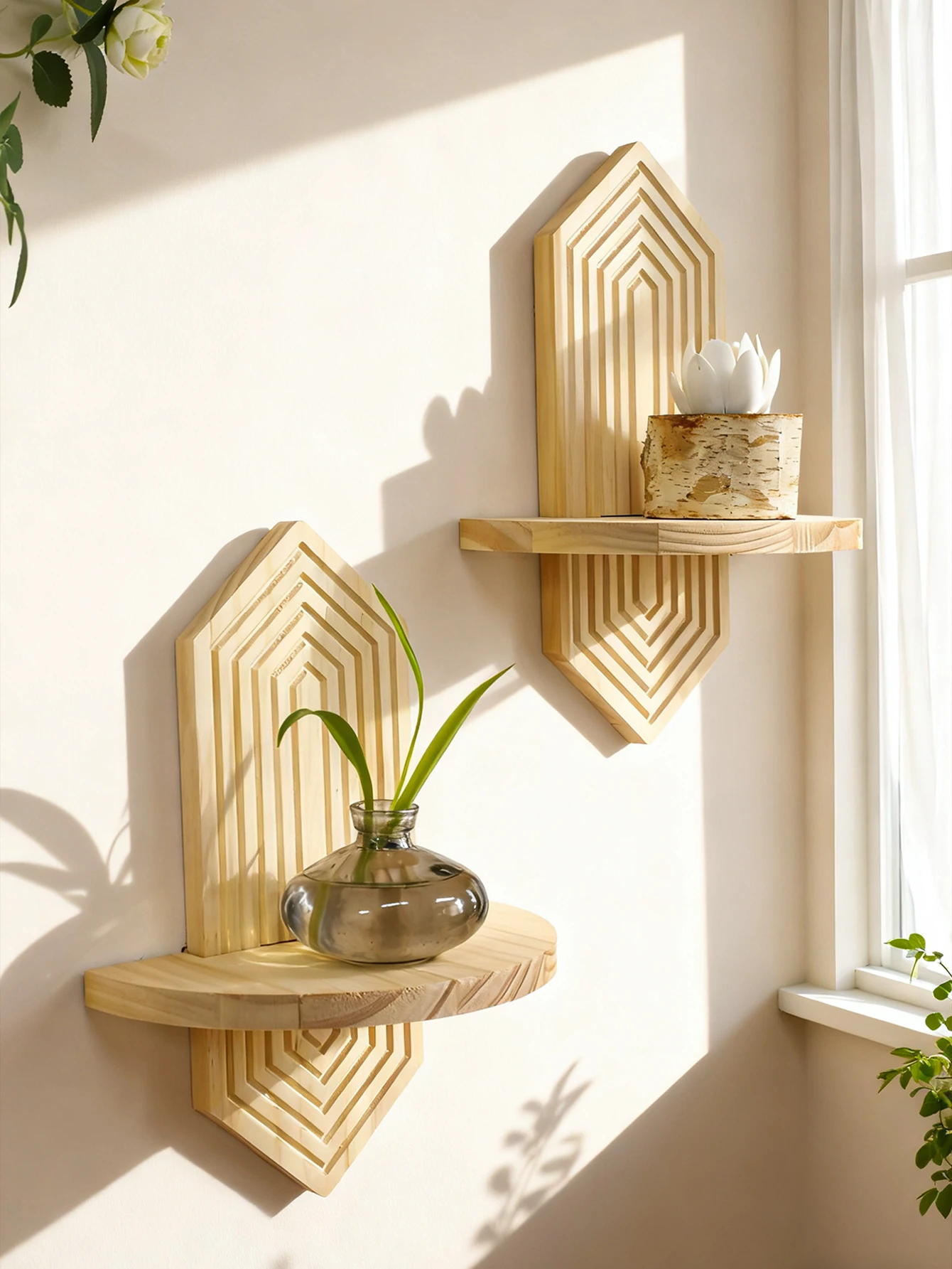 Geometrische Boho-Wandregale aus Holz, schwebendes Regal für Pflanzen, Wandaufbewahrung aus Naturholz für Zuhause, Wohnzimmer und Schlafzimmer