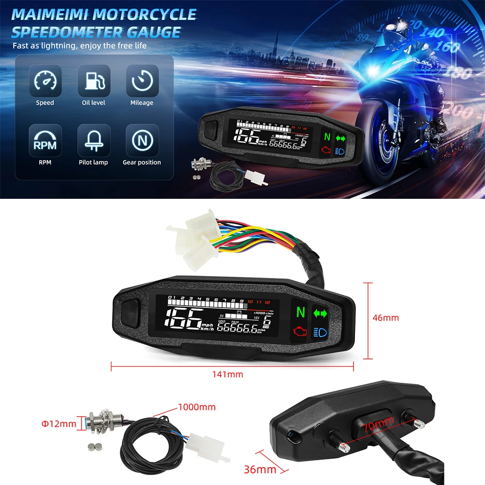 Digital Speedometer for Motorcycle RPM Tachometer Turn Signal Light Indicator LED Digital Dashboard 12000RPM Gauge with Sensor