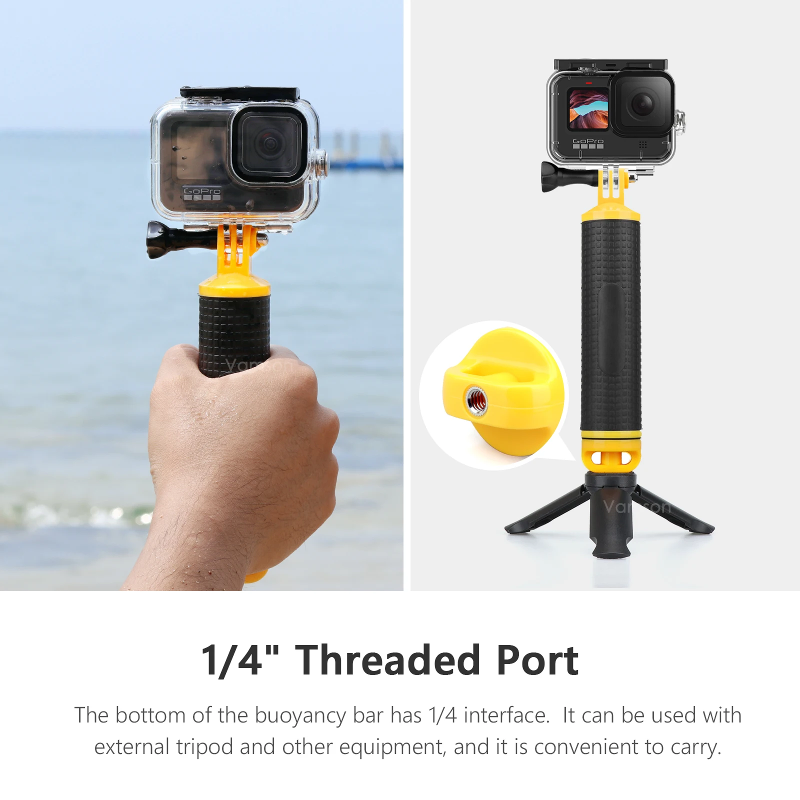 Vamson for Go Pro อุปกรณ์เสริมที่จับลอยตัวสีเหลืองด้ามจับกันลื่นสำหรับ Insta360 GoPro HERO 12 11 10 9 8 7 6 DJI