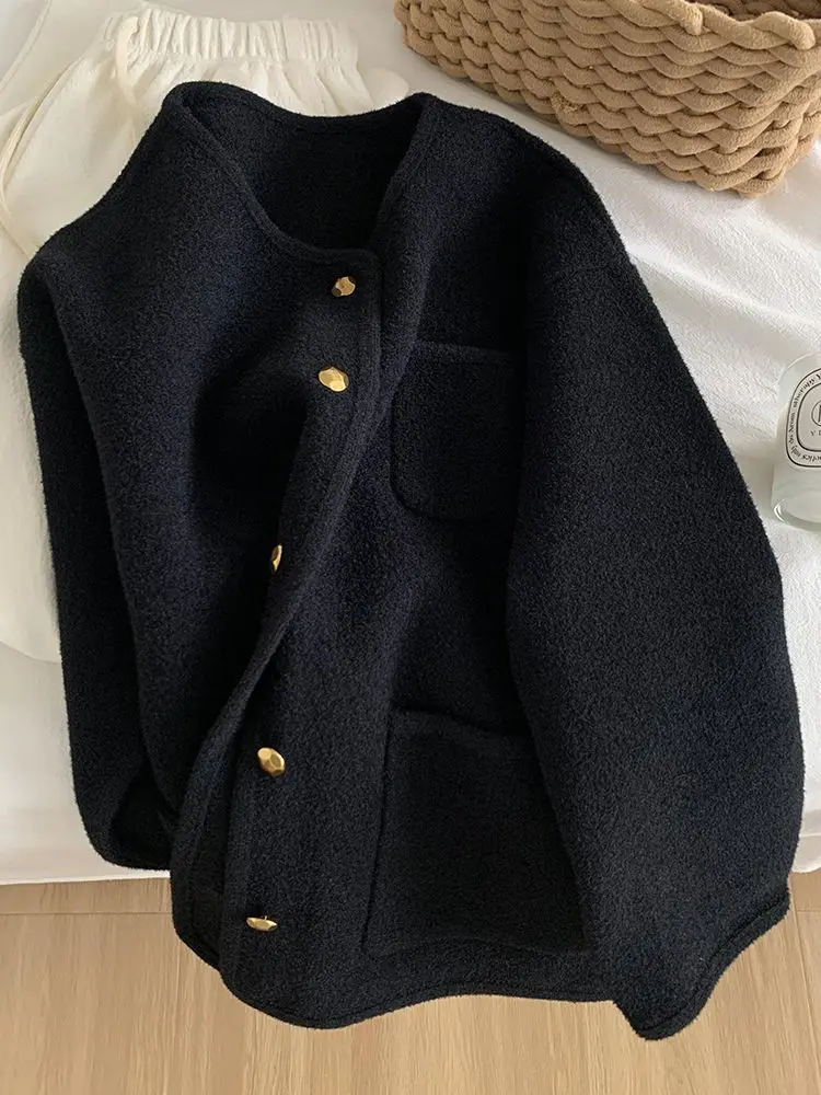 plus Size Women's round Neck Jacket Gold Button Elegant Style Autumn Winter New Arrival Slimming Open Cardigan Luxury Feel