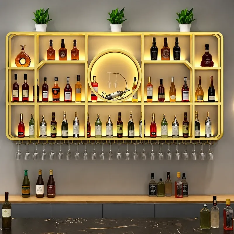 Wrought Iron Wall Mounted Wine Rack Luminous Display Shelf for Bar Counter Restaurant Background Storage Cabinet