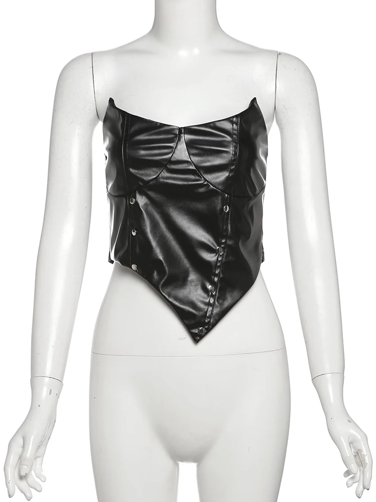 

Whatiwear комплект из искусственной кожи из 2 предметов, женские топы с глубоким вырезом и металлической отделкой, нерегулярные топы-трубы + полые металлические кольца, юбка с кисточками, уличные костюмы