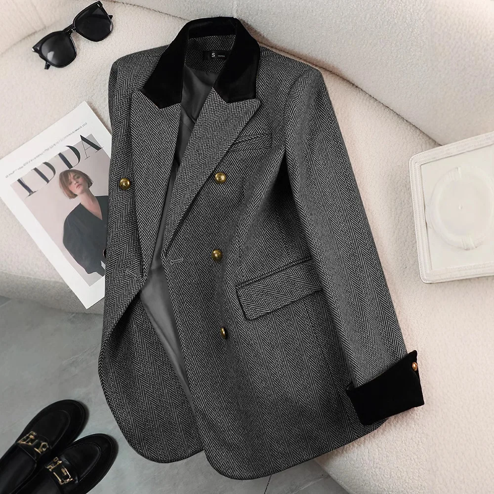 Contrasting Color Blazer Women Coat Autumn Winter Temperament Casual Thicke Woolen Suit Top Female Outerwear Lady Office Blazers