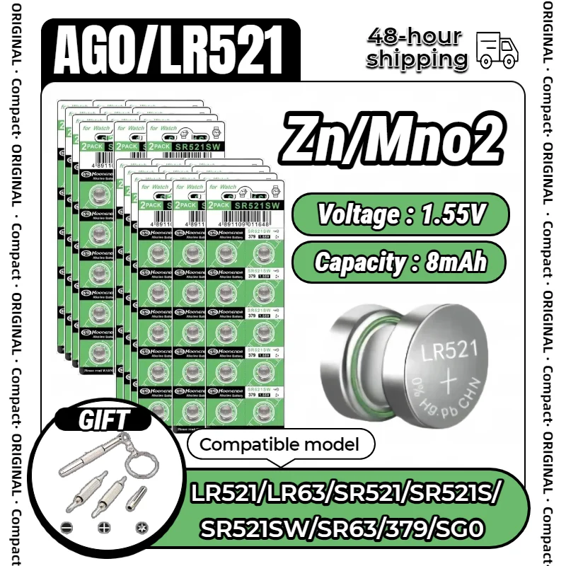 

1.55V LR521 AG0 Alkaline Button Battery, SR521SW 379 SR63, Long-Lasting Power for Watches, Calculators, Toys & More