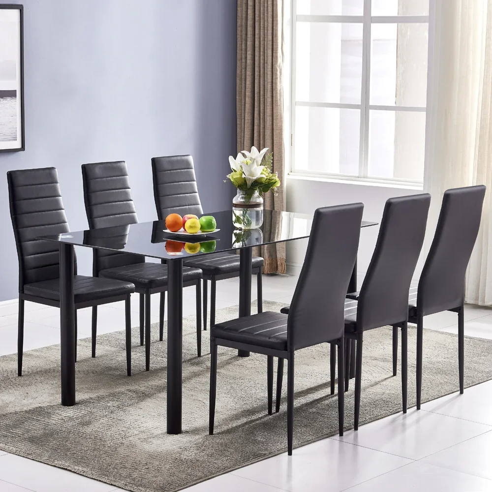 6-Seater Dining Table Chair Set Includes 1 Tempered Glass Dining Table + 6  High Backrest Dining Chairs Black