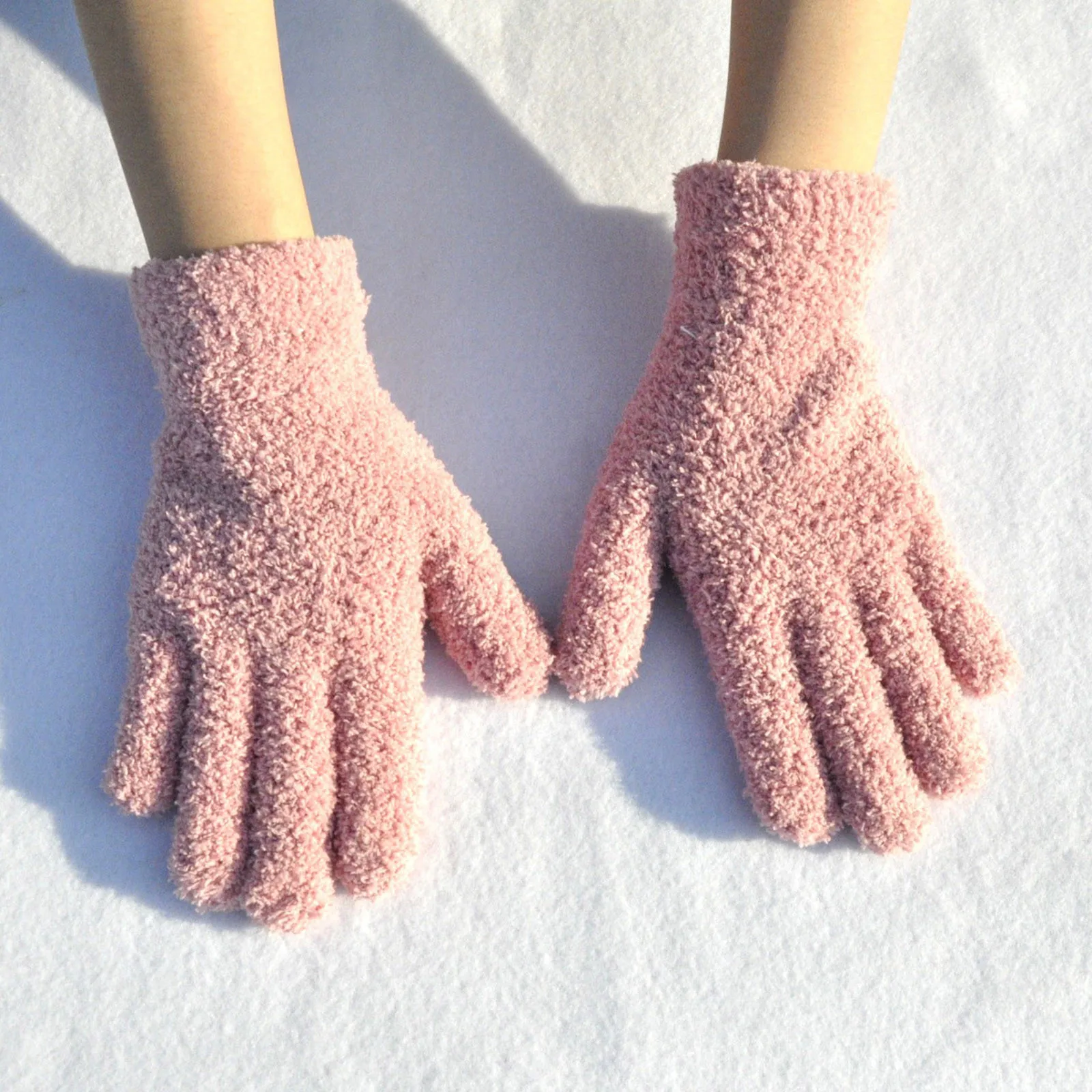 Short Gloves Winter Coral Fleece Children Solid Knitted Plush Furry Full Finger Mittens Autumn Hand Warmer Men Women