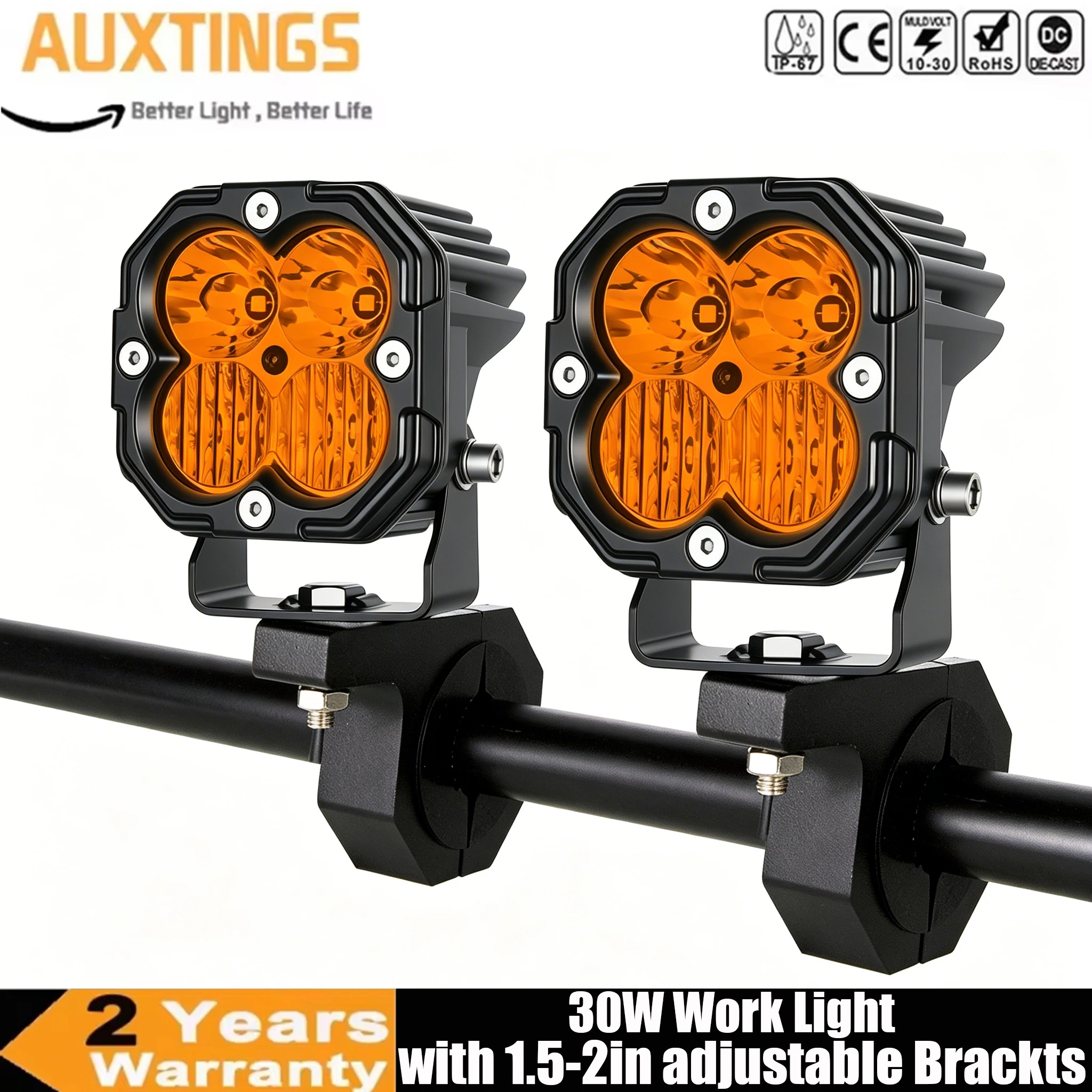 

3" 30W LED Pod Light, Amber/White Spot Flood Combo Beam Work Light with Adjustable Bracket for ATV SUV Motorcycle Off-Road Car
