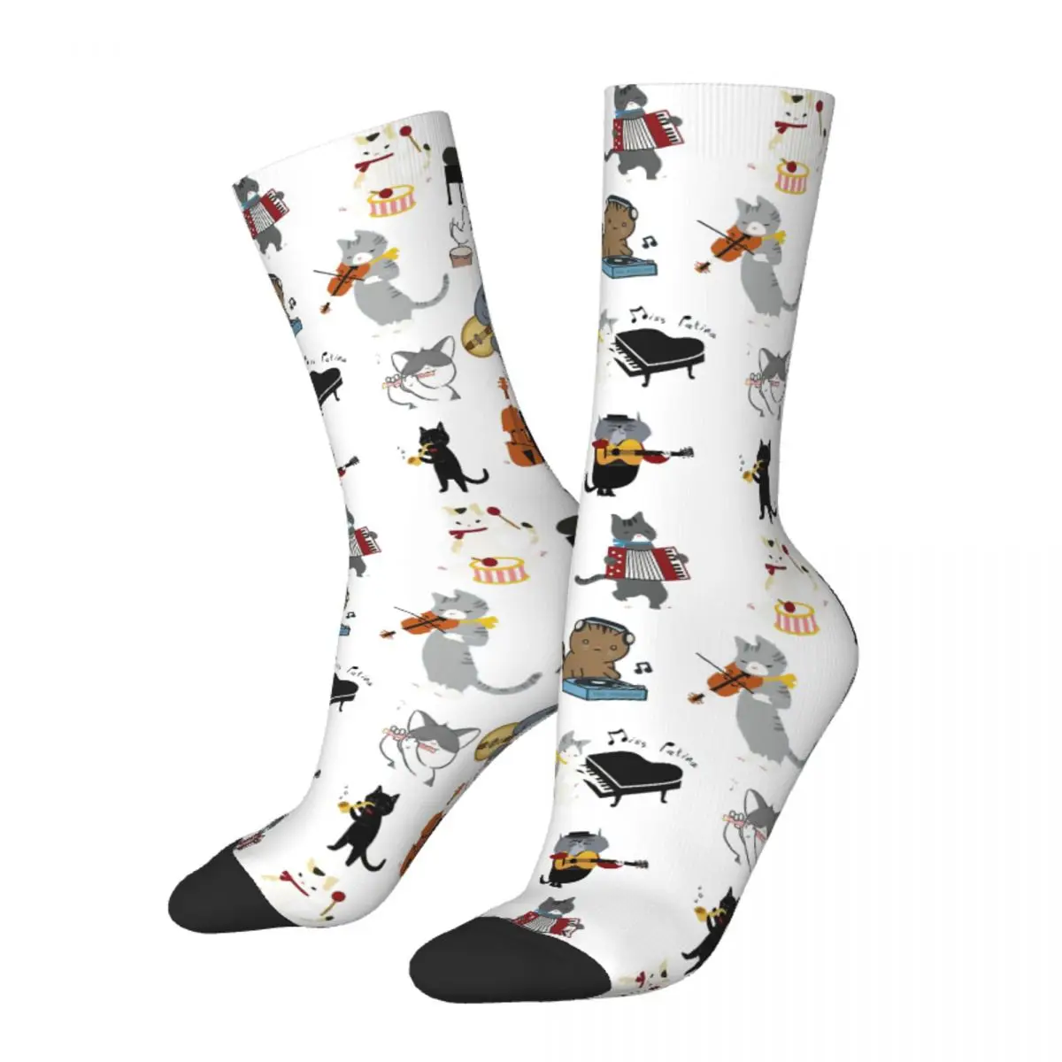 Hip Hop Retro Funny Pet Playing Musical Instruments Men's Socks Unisex Meme Cats Lively Small Docile Harajuku Printed Crew Sock