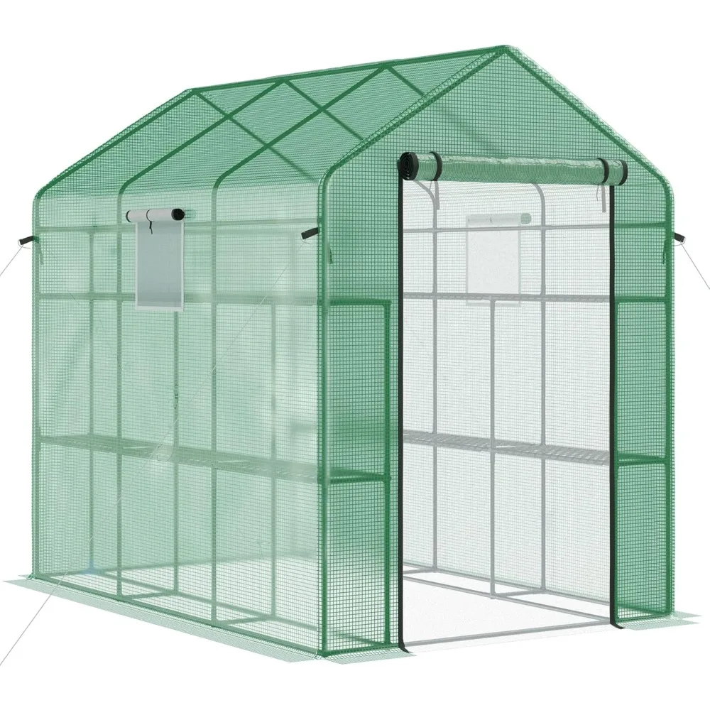 7' x 5' x 6' Walk-in Greenhouse with Mesh Door and Windows, 18 Shelf Hot House with Trellis, Plant Labels, UV Protective