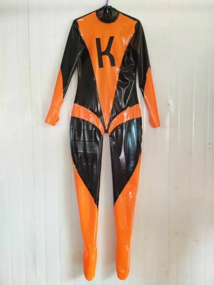 

rubber cosplay uniform latex catsuit fullbody orange&black women 0.4mm s-xxl