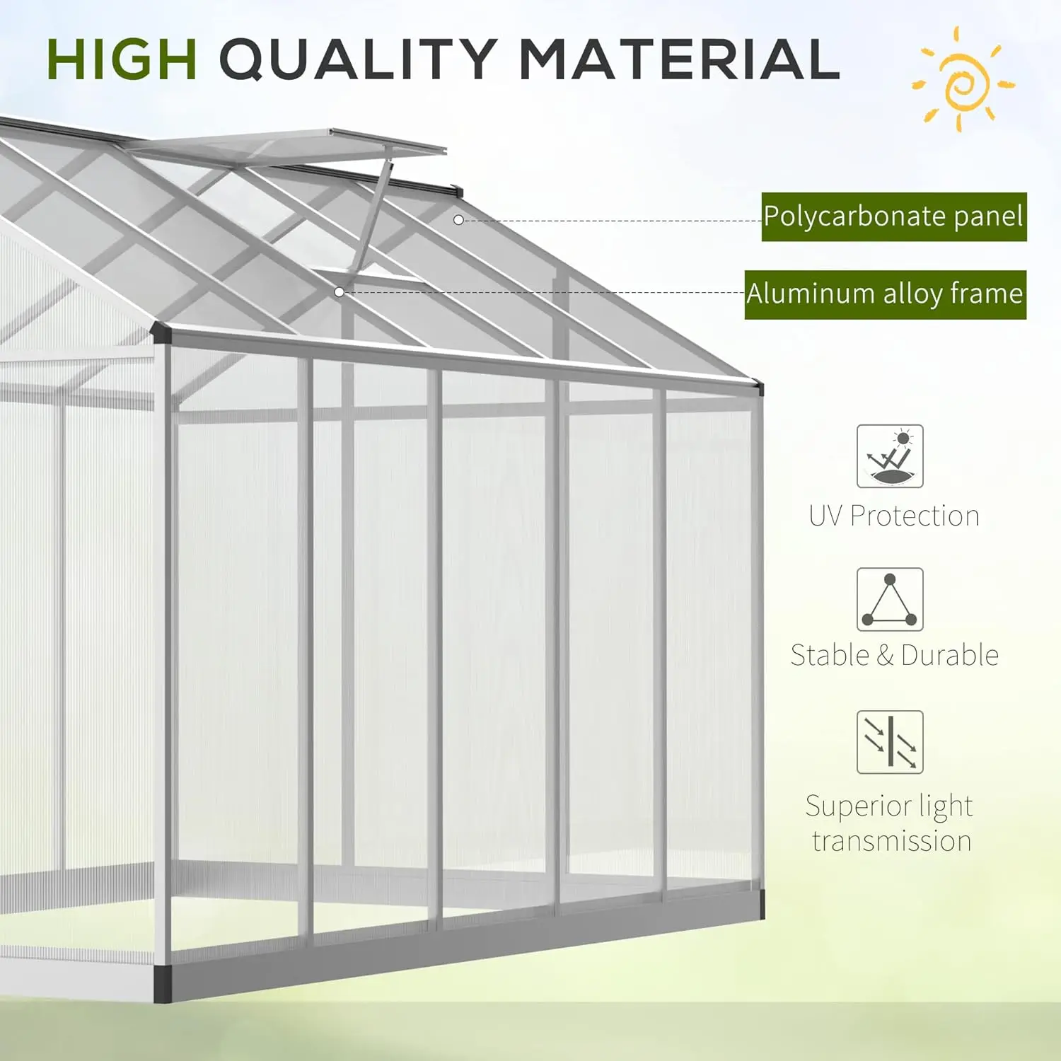 Outsunny 10' x 6' Walk-in Polycarbonate Greenhouse with Roof Vent for Ventilation & Rain Gutter, Heavy Duty Aluminum Green House