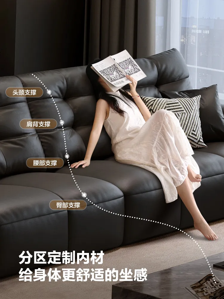 Leather small apartment living room piano keys straight row all leather black sofa