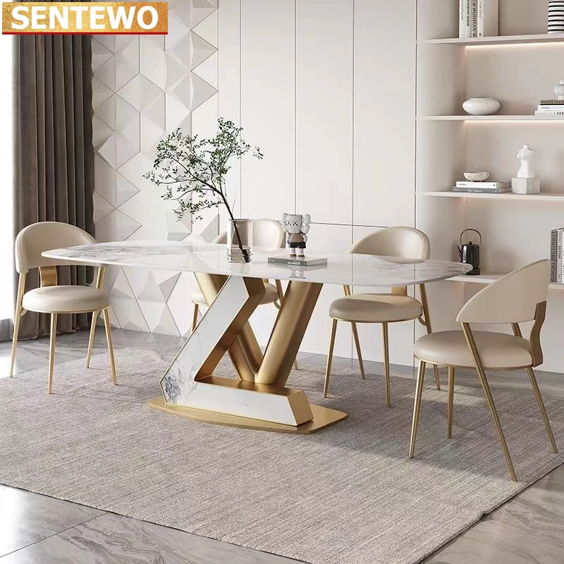 SENTEWO Ltalian Luxury Marble Dining Tables Dinning 4 Chairs Set Metal Titanium Glaze Golden Base Home Furniture Chaises Salle