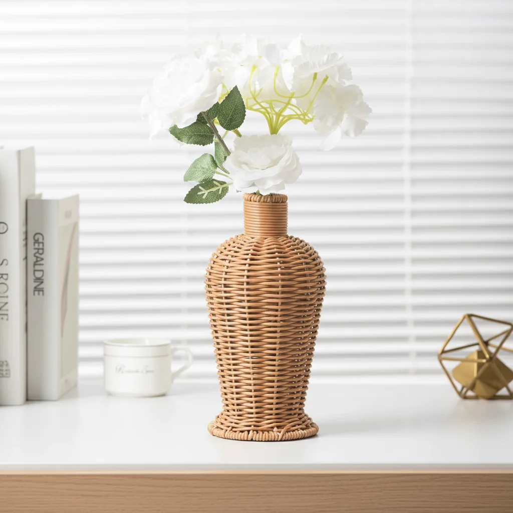 Plastic Rattan Weave Vase Handmade Artificial Wicker Dried Flowers Home Decor Desktop Centerpiece For Living Room Office Table