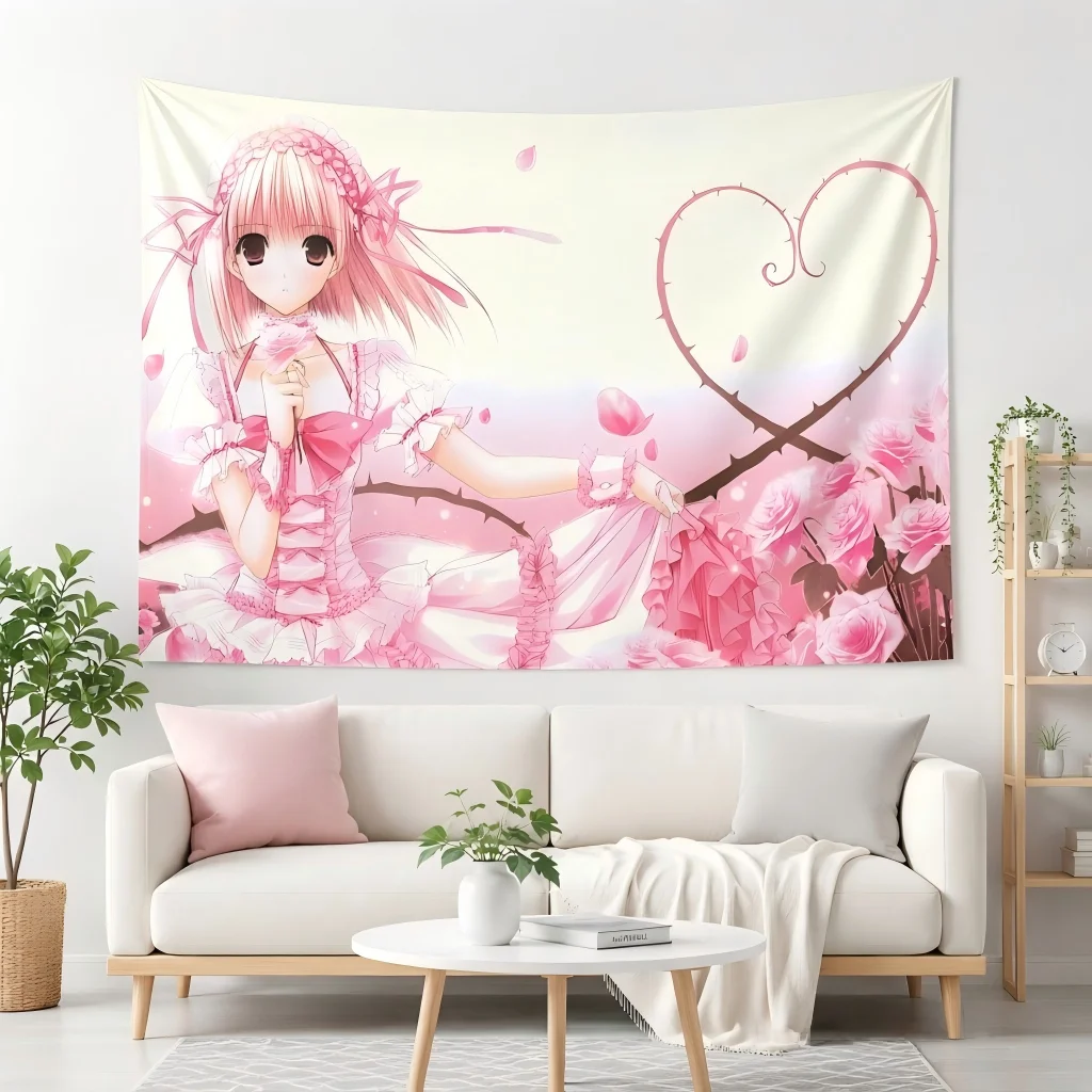 Kawaii Pink Lolita Anime Girl Tapestry, Heart Thorn Rose Floral Wall Hanging, Bedroom Dorm Background Cloth Home Decor Gift