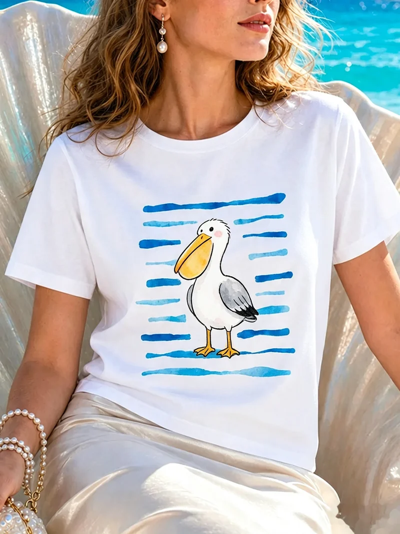Watercolor Cartoon Pelican Graphic T Shirt Blue Hand Drawn Wave Stripes Breathable Cotton Short Sleeve Ladies Beach Daily Top