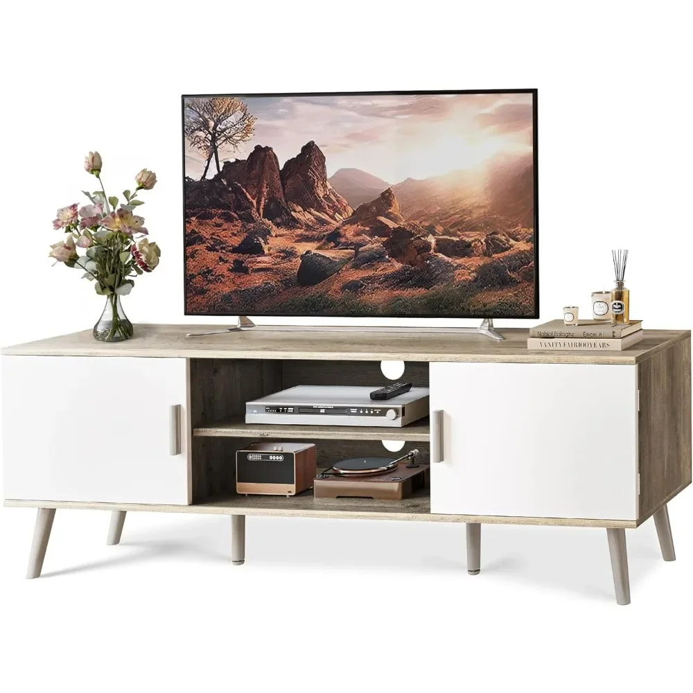 TV Stand for 55 Inch TV, Entertainment Center with Adjustable Shelf, 2 Cabinets, TV Console Table, Media Console,Solid Wood Feet