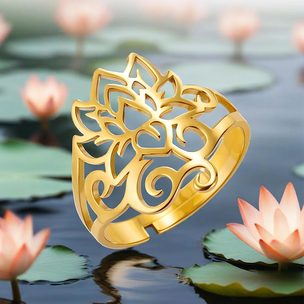 COOLTIME Adjustable Lotus Ring for Women Stainless Steel Stackable Boho Minimalist Spiritual Jewelry Wedding Gifts