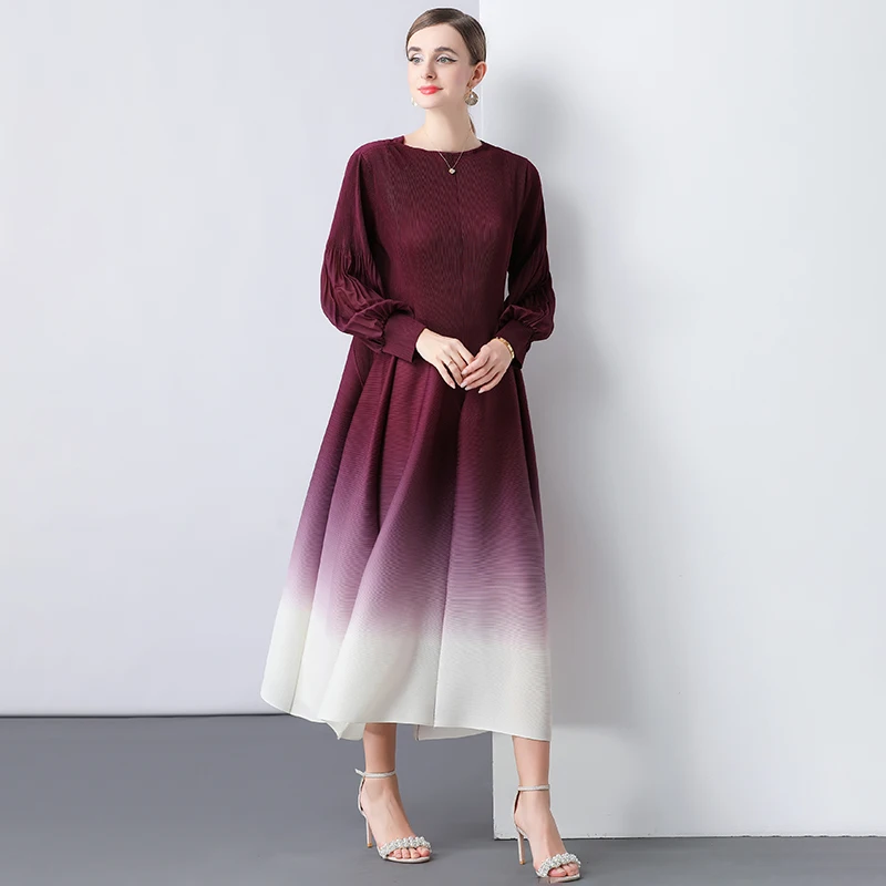 

Gradient Color Pleated Formal Dress French Autumn Floral Bud Skirt Loose Flared Sleeves Temperament Versatile Women's Clothing