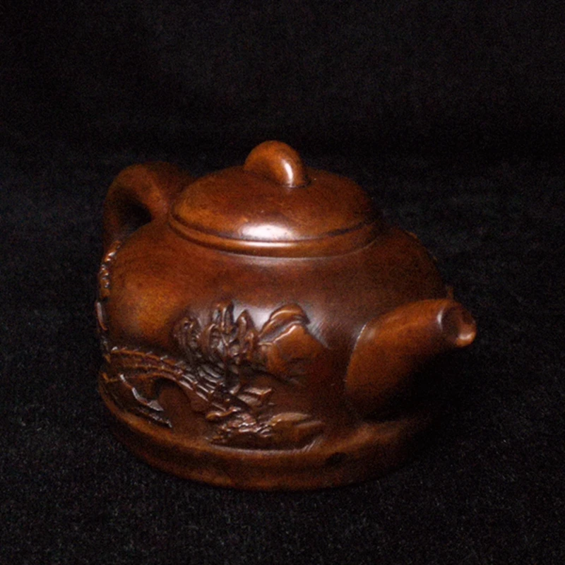 YIZHU CULTUER ART Size 3 Inch Old Chinese Boxwood Wood Hand carved Landscape Pot Shape Decoration Netsuke Gift Collectable
