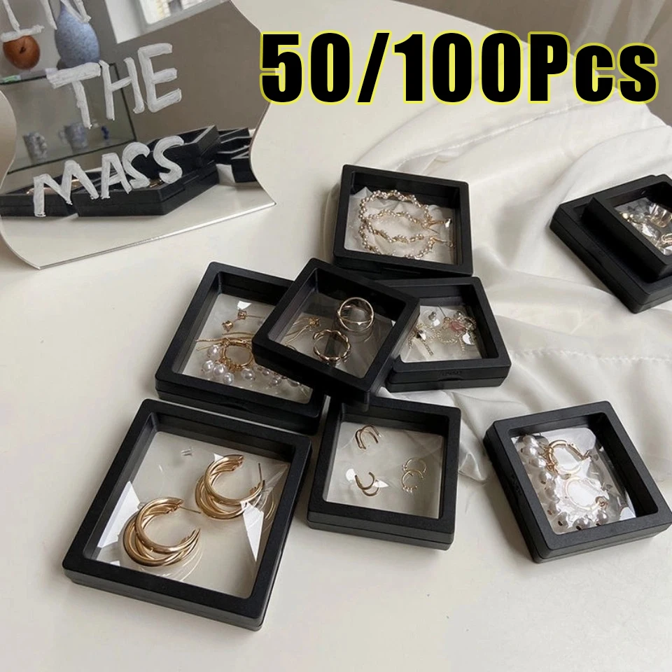 100Pcs Clearview 3D Floating Display Cases Dustproof Acrylic Jewelry Storage Box with Elastic Film Transparent Hanging Organizer