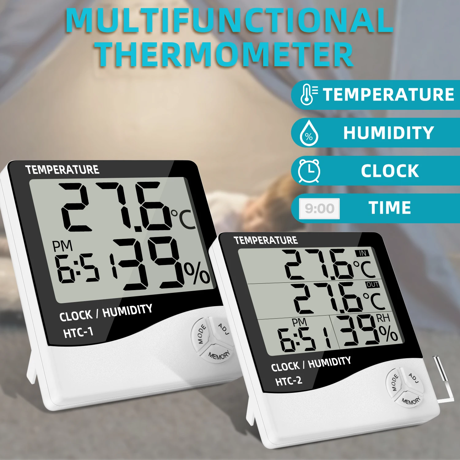 3 in 1 Temperature Sensor Thermometer At Home Hygrometer Clock 3.7 Inch Digital Wire Indoor Moisture Meter Tools Wether Station