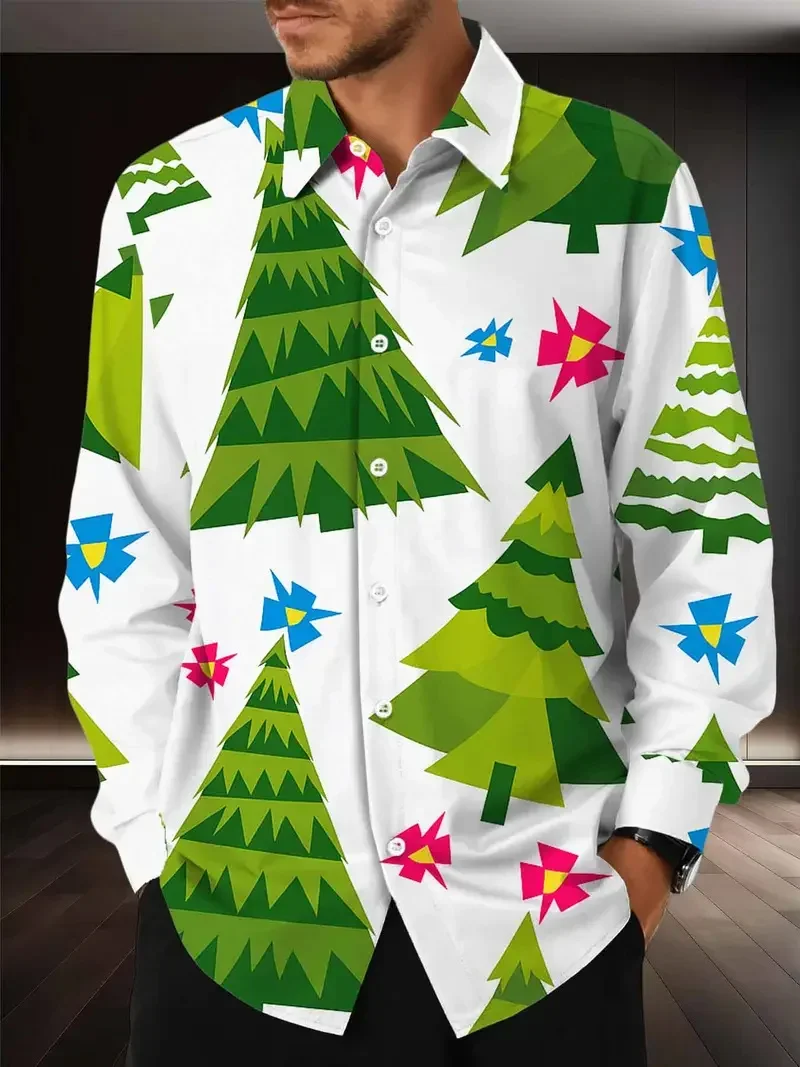 

Men's New Fir Tree Christmas Themed 3D Hat Printed Formal Shirt, Christmas Pattern Long Sleeved Shirt, Fashionable Men's Shirt