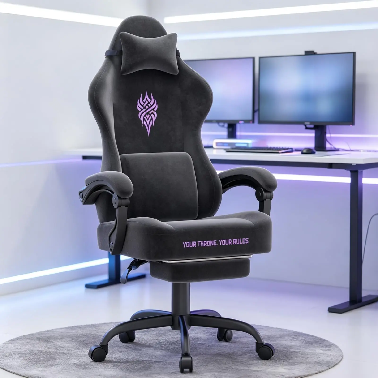 Velvet Gaming Chair, 20.5 Inch Extra Wide Seat, Fire Embroidery Ergonomic High Back Computer Chair with Footrest