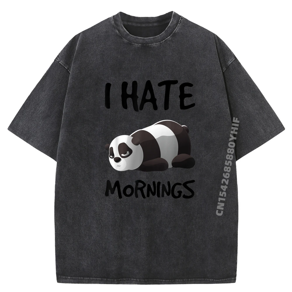 

Funny Printed Tees I Hate Mornings Panda Bear Lazy People Blue And White Graphic T Shirts Men Washed Tee Shirt For Men