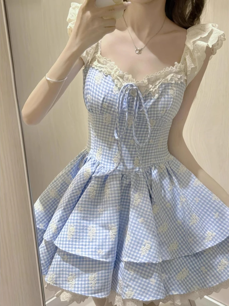 Vestido Vintage francés dulce para mujer, minivestido ajustado de encaje Kawaii con mangas voladoras, Hada elegante Harajuku Y2k, trajes elegantes de verano