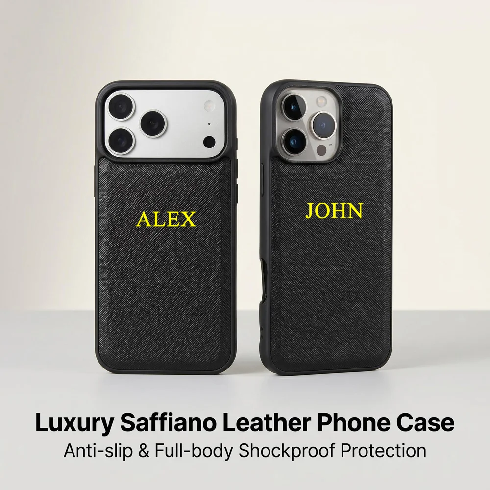 Minimalist Saffiano Leather Phone Cover Custom Gold Letter Embossing Luxury Business Phone  for iPhone 13 14 15 16 17 18 Pro Max