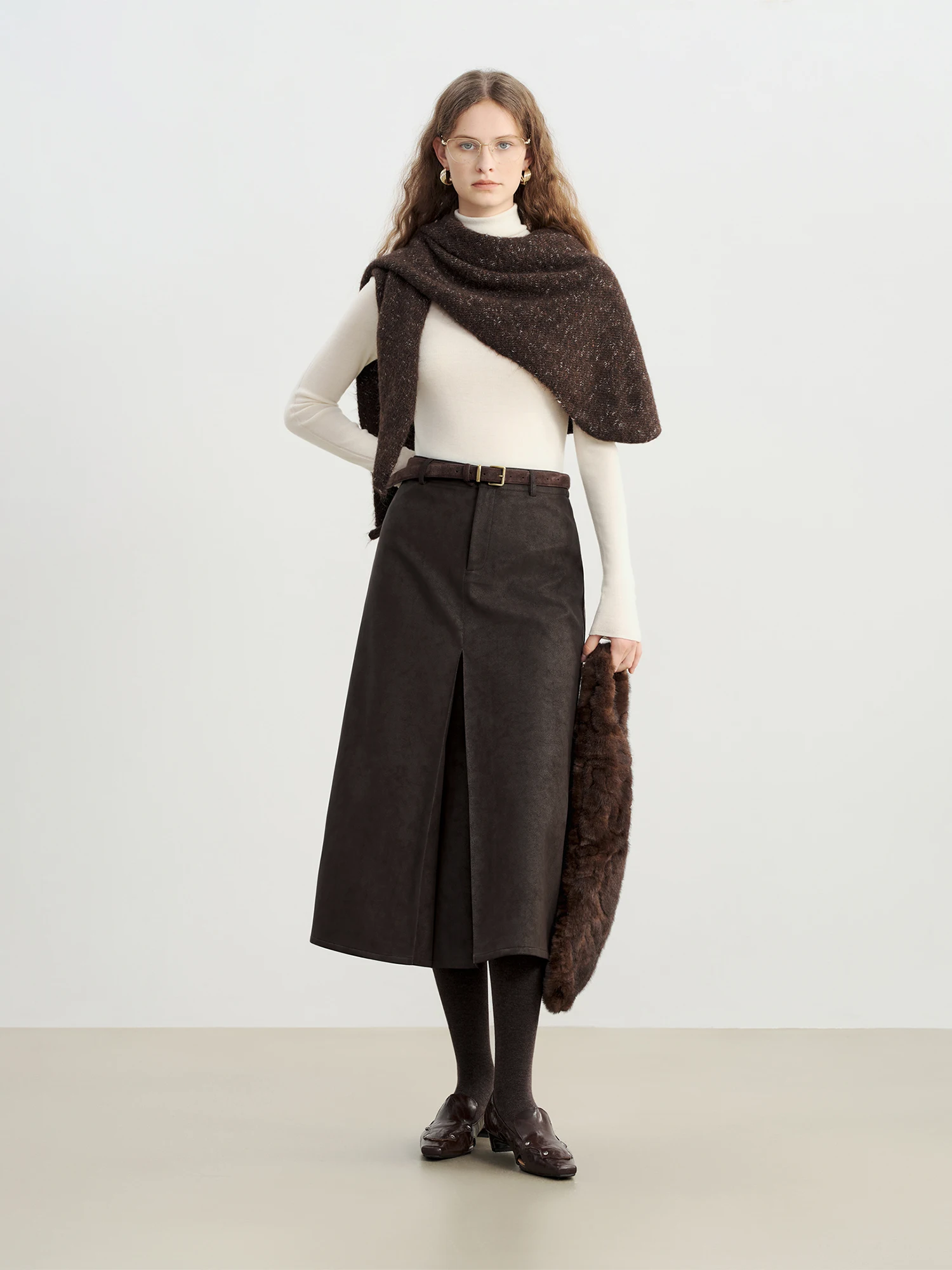 Retro Brown PU Leather High Waist Midi Skirt for Women