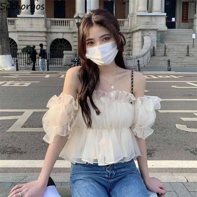 Blouses Women Slash Neck Sweet Girlish Tender French Style Aesthetic Puff Sleeve Clothes Sexy Trendy Princess All-match Summer