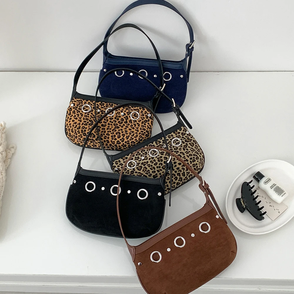 

Fashion Studded Shoulder Bag Luxury Leopard Rivet Women's Bags NEW Faux Suede Underarm Bags for Women Handbags Mini Flap Purses