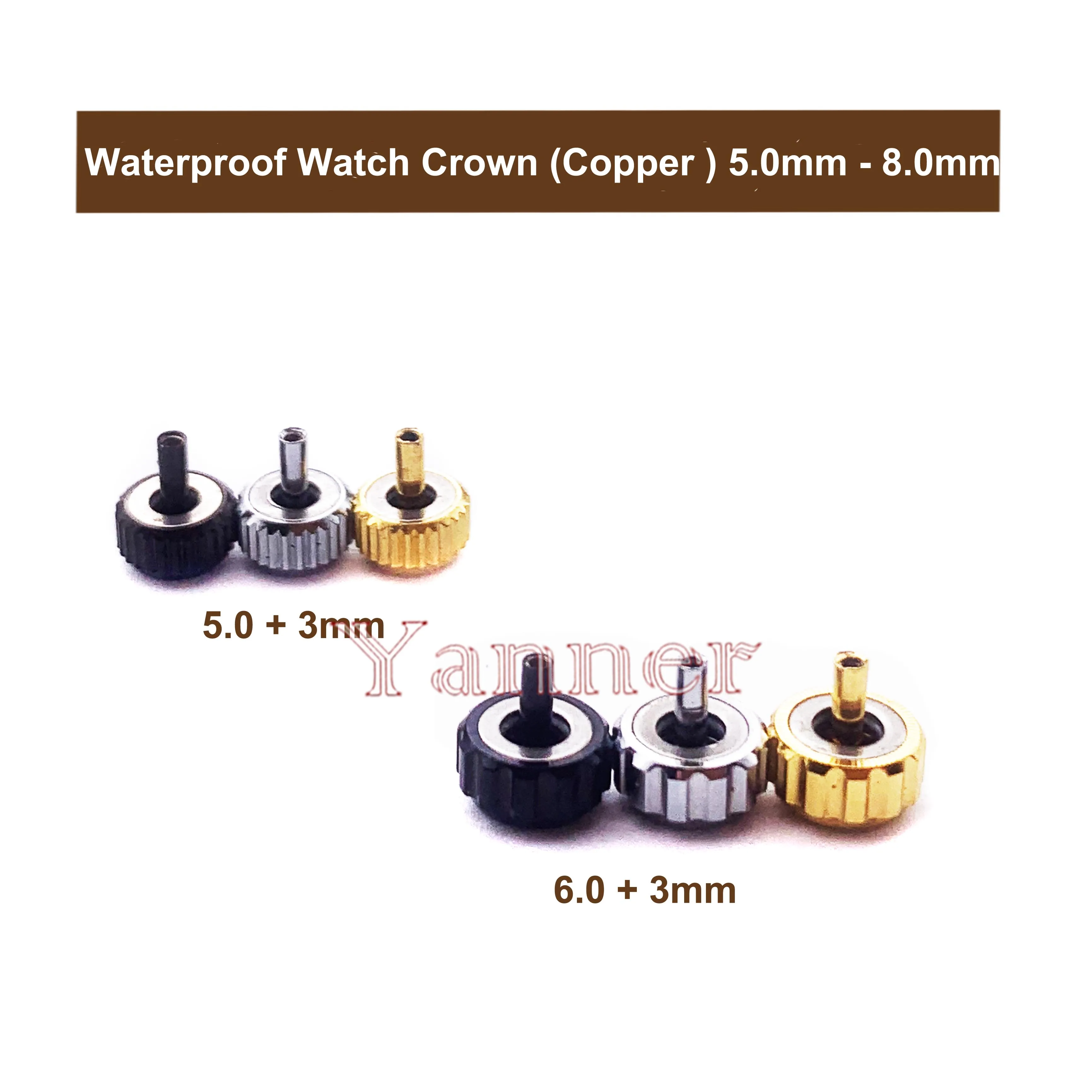 Corona de reloj impermeable de 5,0mm-8,0mm para piezas de reparación de relojes y reemplazo con color dorado y plateado