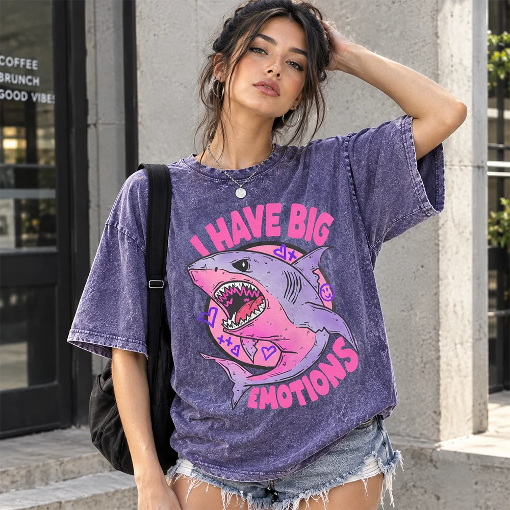 Women Vintage Washed Graphic T-Shirt I Have Big Emotions Shark Print Short Sleeve Loose Casual Aesthetic Grunge Tee Tops