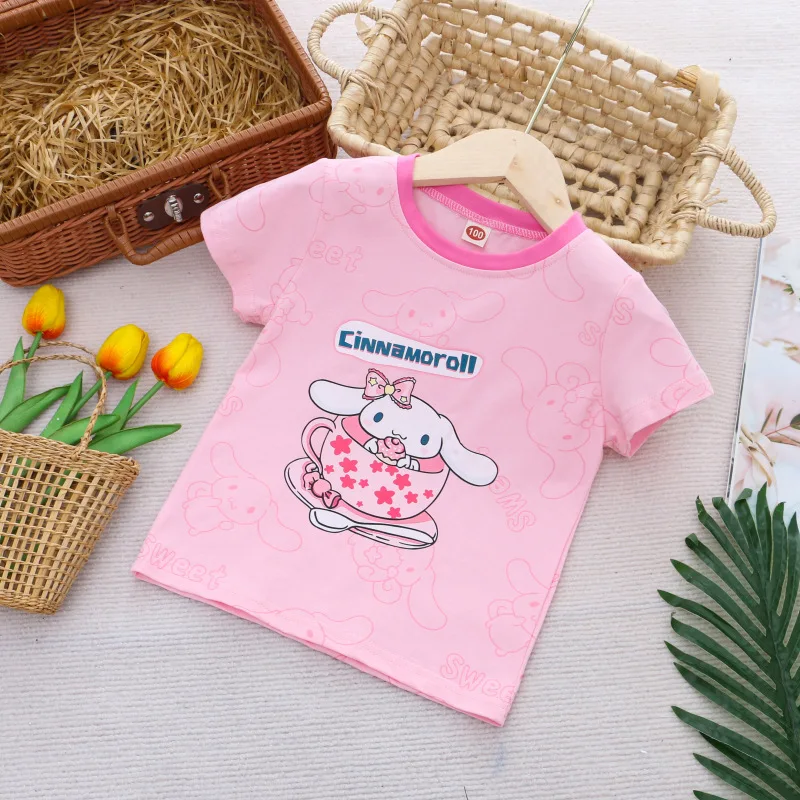 Camiseta de dibujos animados de algodón para niños y niñas, camisa de manga corta con cuello redondo, Anime Sanrios Cinnamoroll, ropa de verano