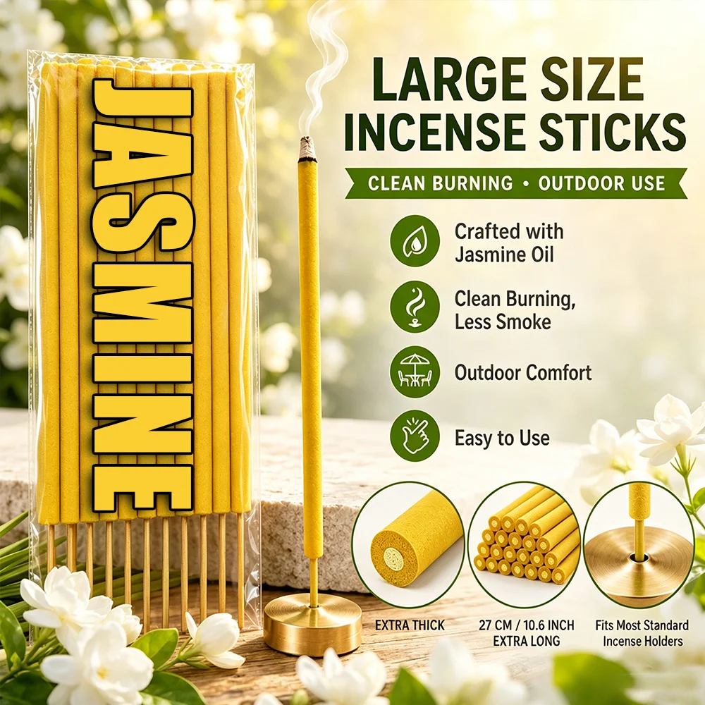 Extra große Räucherstäbchen mit Jasmin-Duft, 27 cm lang, 7 mm dick, brennen über 2 Stunden, mit einem leichten und frischen Duft, entfernen Gerüche, haben einen lang anhaltenden Duft, geeignet für die