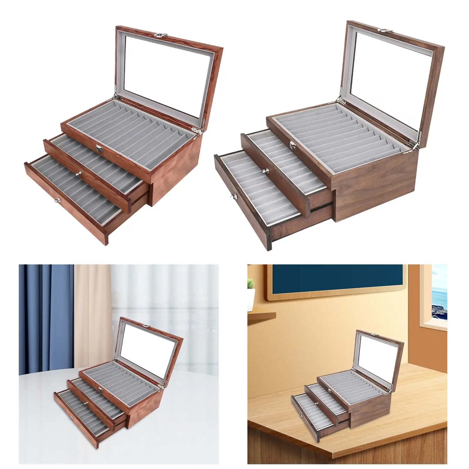 3 Layers Wooden Pen Display Box Stationery Supplies with Transparent Lid Holds 34 Pens Home Protective Pen Organizer Box Pen Box