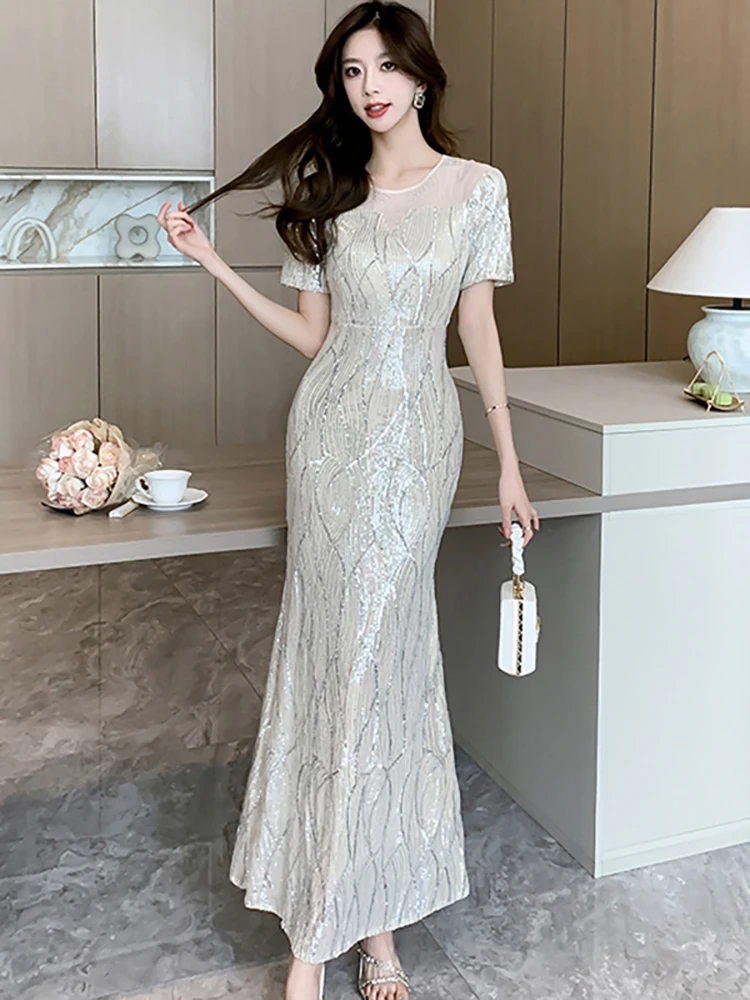 Summer Luxury Sequins Patchwork Sheer Sexy Long Dress Women Korean Vintage Elegant Evening Dress 2024 Fashion Bodycon Prom Dress