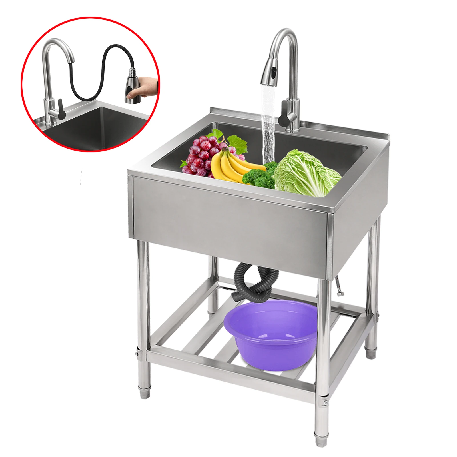 

Мойка для прачечной с одной чашей, 25x22x34.25 дюйма, коммерческая, с выдвижным смесителем, из нержавеющей стали, с подставкой