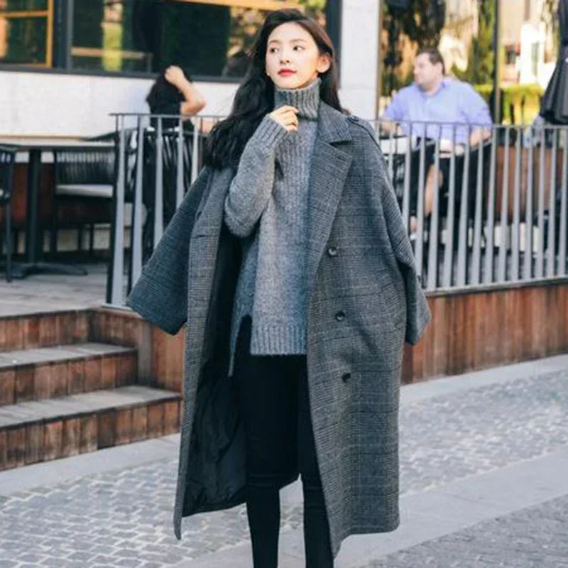 TPJB Ins Wolle Mischungen Frauen Plaid Feminino Elegante Lange Zweireiher Frauen Winter Kleidung Mischungen für Damen Koreanische Mode