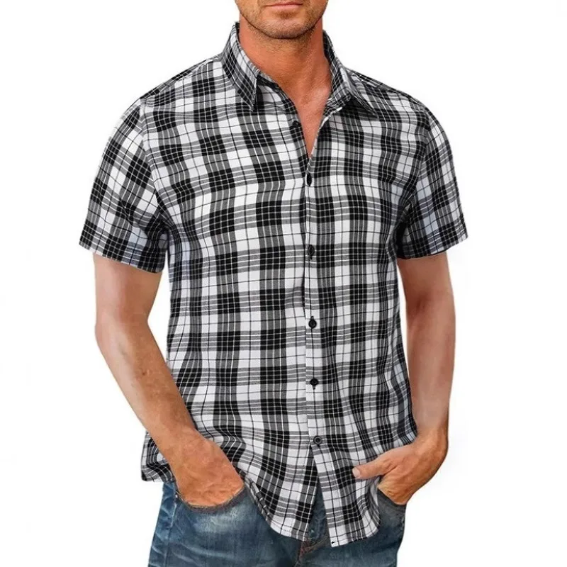 

The New Cross-border European and American Men's Printed Simple Fashionable Casual Checked and Breathable Short-sleeved Shirt