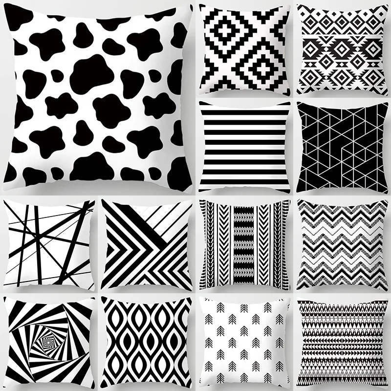 Home Decor Black and White Geometric Plaid Letters Polyester Cushion Cover Pillow Cart Sofa Bed Decorative Pillow 45x45cm