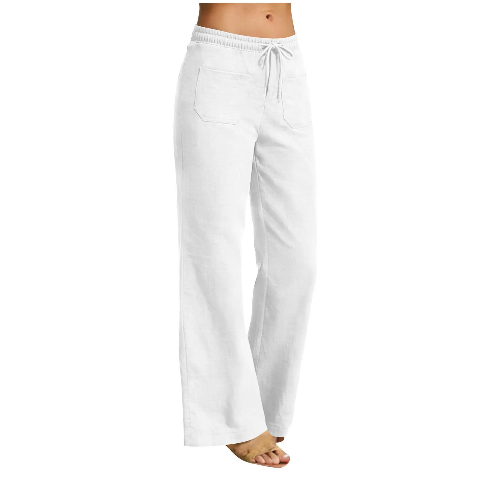 

Sleepwear Pants Pajama Pajamas Cotton Linen Trousers High Waist Drawstring Wide Leg Pants Loose Fit Front Pockets Casual Pants
