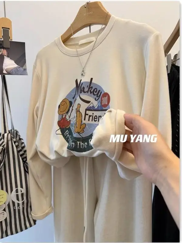 

Retro American Cartoon Little Girl Print Loose Long Sleeve T-Shirt Women's Early Spring Base Shirt Trendy Top round Neck